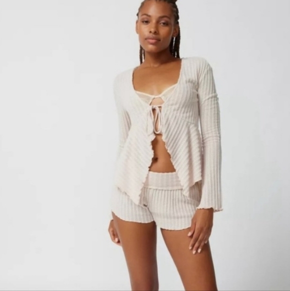 Urban Outfitters Out From Under Flyaway Tie Front Top, Cream, Large - Picture 2 of 10